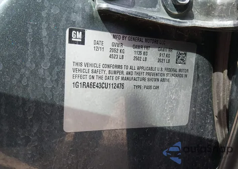 2012 Chevrolet Volt z USA, uszkodzony, nr VIN 1G1RA6E43CU112476